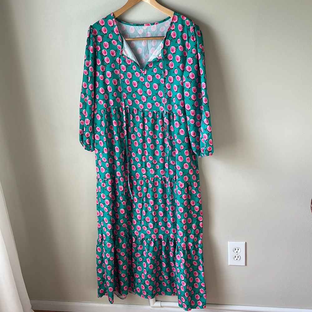 NWOT Green with Pink Roses long sleeve Floral Maxi Dress XL